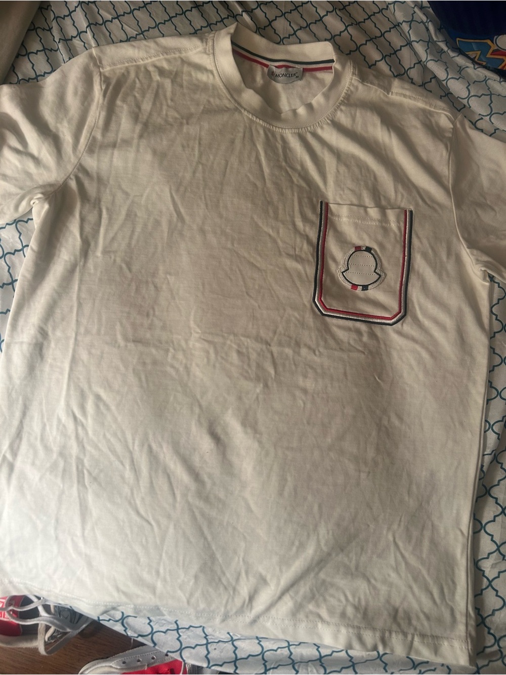 Moncler White Crewneck T-Shirt with Tricolor Trim Pocket
